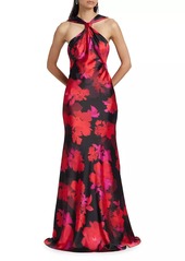 ML Monique Lhuillier Mallory Floral Satin Halterneck Gown