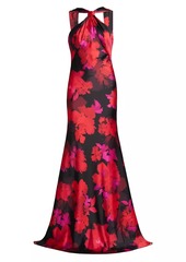 ML Monique Lhuillier Mallory Floral Satin Halterneck Gown