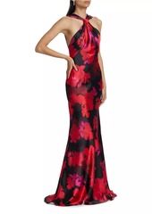 ML Monique Lhuillier Mallory Floral Satin Halterneck Gown