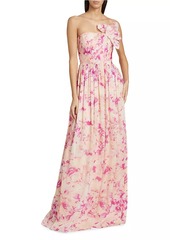 ML Monique Lhuillier Marlee Floral Linen-Silk Strapless Gown