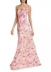ML Monique Lhuillier Marlee Floral Linen-Silk Strapless Gown