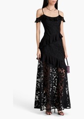 ML Monique Lhuillier - Cold-shoulder ruffled embroidered tulle gown - Black - US 2