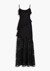 ML Monique Lhuillier - Cold-shoulder ruffled embroidered tulle gown - Black - US 2