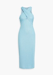 ML Monique Lhuillier - Crossover cutout metallic ribbed-knit midi dress - Blue - US 0