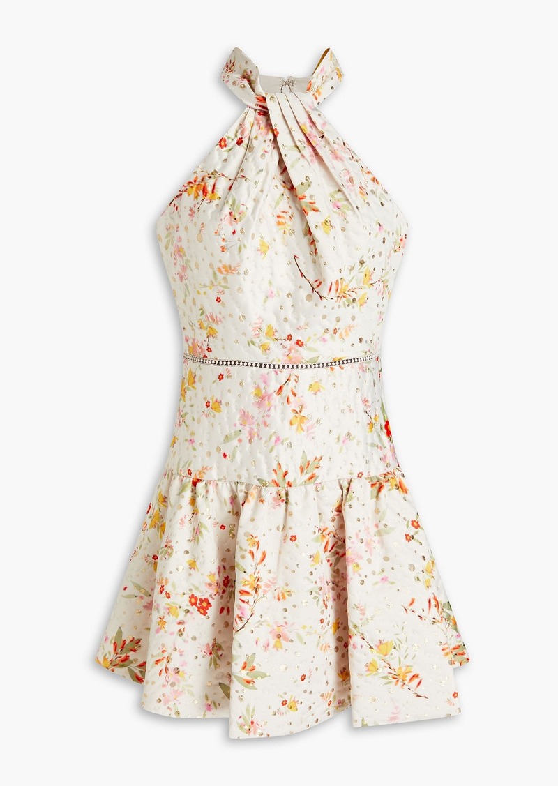 ML Monique Lhuillier - Floral-print metallic fil coupé satin-twill mini dress - White - US 14