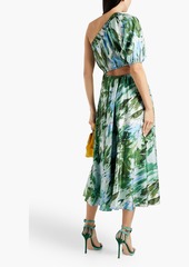 ML Monique Lhuillier - One-shoulder cutout printed satin-twill midi dress - Green - US 10