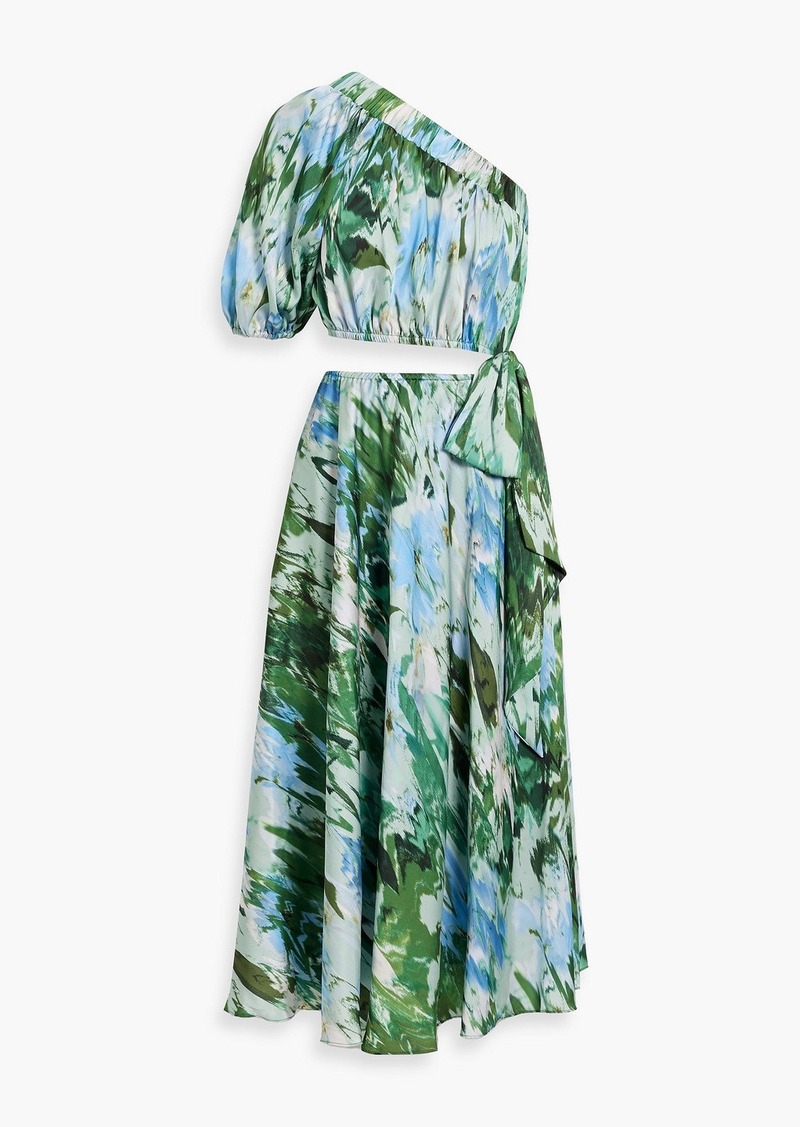 ML Monique Lhuillier - One-shoulder cutout printed satin-twill midi dress - Green - US 10