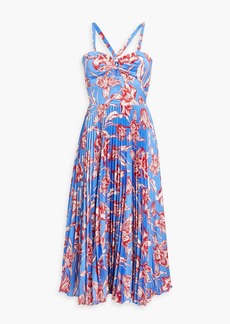 ML Monique Lhuillier - Pleated floral-print satin midi dress - Blue - US 8