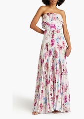 ML Monique Lhuillier - Strapless pleated floral-print hammered-satin maxi dress - White - US 4