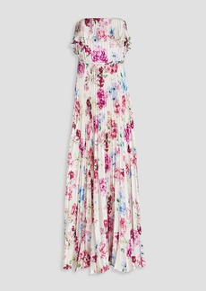 ML Monique Lhuillier - Strapless pleated floral-print hammered-satin maxi dress - White - US 12
