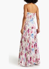 ML Monique Lhuillier - Strapless pleated floral-print hammered-satin maxi dress - White - US 4