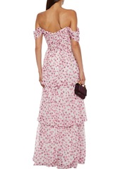 ML Monique Lhuillier - Tiered off-the-shoulder floral-print fil coupé georgette maxi dress - Pink - US 10