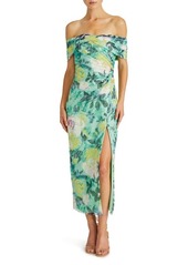 ML Monique Lhuillier Allie Floral Print Off the Shoulder Lace Midi Cocktail Dress