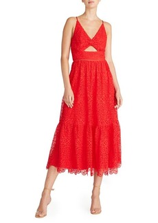 ML Monique Lhuillier Cutout Lace Midi Dress in Coral Red at Nordstrom