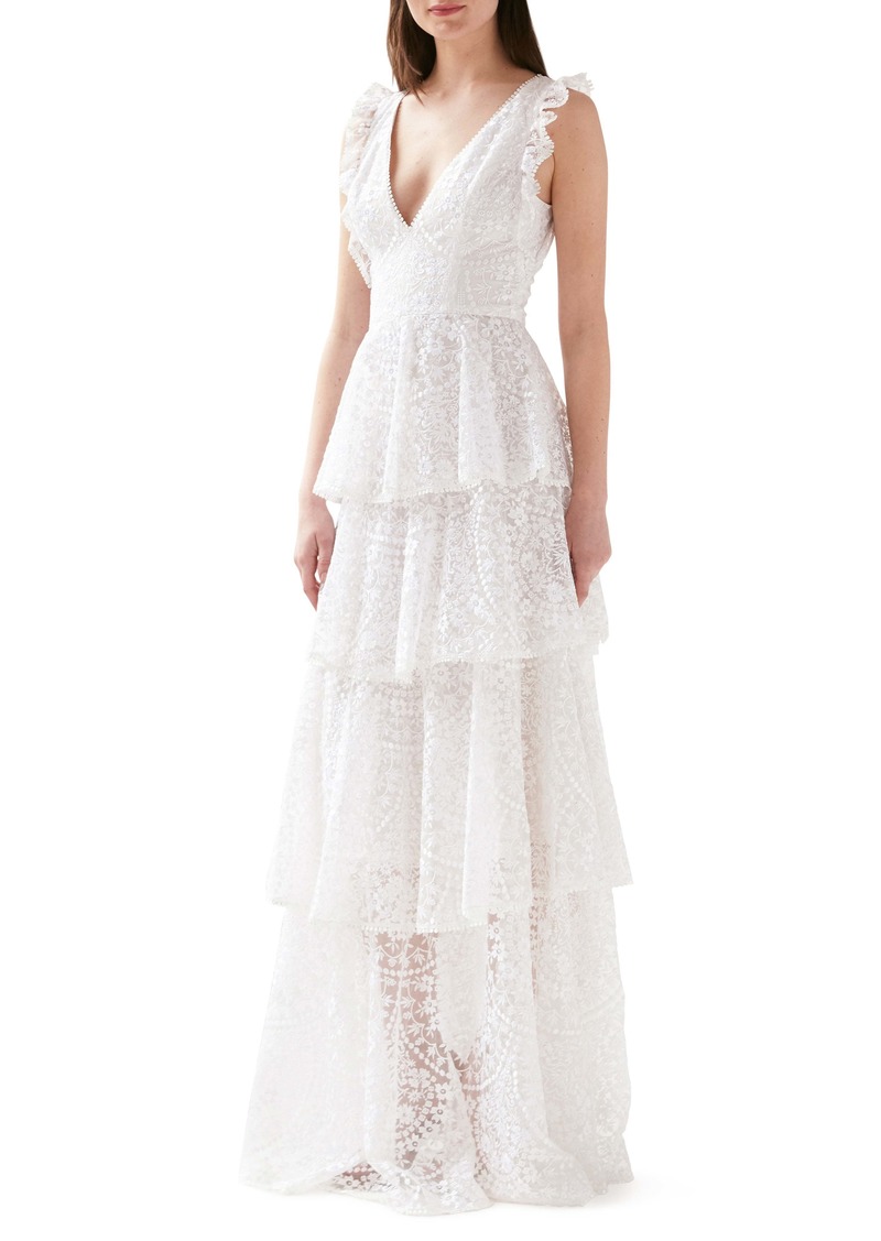 ML Monique Lhuillier Embroidered Ruffle Tiered Evening Gown