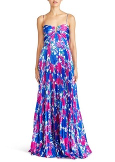 ML Monique Lhuillier Evelyn Floral Pleated Satin Gown