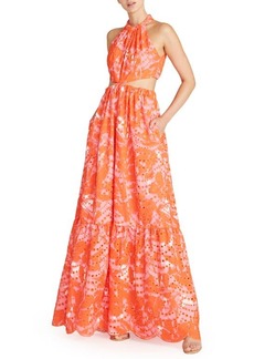 ML Monique Lhuillier Eyelet Floral Cutout Waist Maxi Dress in Dancing Peony Bubble Gum at Nordstrom