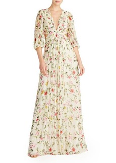 ML Monique Lhuillier Floral Print Gown in Dahlia Berry at Nordstrom