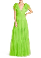 ML Monique Lhuillier Flutter Sleeve Tiered Tulle Gown