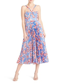 ML Monique Lhuillier Halter Neck Pleated Satin Cocktail Dress in Parrot Tulip at Nordstrom