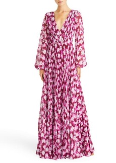 ML Monique Lhuillier Melanie Pleated Floral Long Sleeve Chiffon Gown