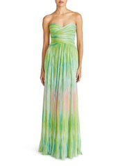 ML Monique Lhuillier Mila Pleated Print Strapless Chiffon Gown