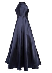 ML Monique Lhuillier Mock Neck Fit & Flare Gown in Navy at Nordstrom
