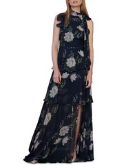 ML Monique Lhuillier Ruffle Tiered Floral Print Gown in Navy Multi at Nordstrom