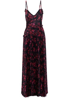 ML Monique Lhuillier - Wrap-effect pleated floral-print satin maxi slip dress - Black - US 10