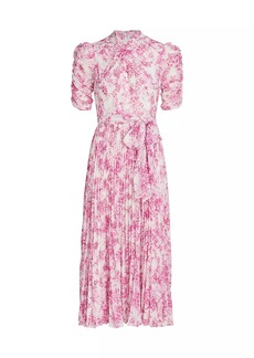 ML Monique Lhuillier Pleated Belted Floral Midi-Dress