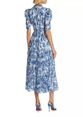 ML Monique Lhuillier Pleated Short-Sleeve Midi-Dress