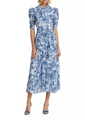 ML Monique Lhuillier Pleated Short-Sleeve Midi-Dress