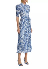 ML Monique Lhuillier Pleated Short-Sleeve Midi-Dress