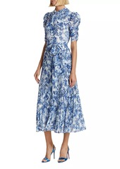 ML Monique Lhuillier Pleated Short-Sleeve Midi-Dress