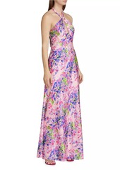 ML Monique Lhuillier Rose Satin Halter Maxi Dress