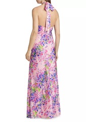 ML Monique Lhuillier Rose Satin Halter Maxi Dress