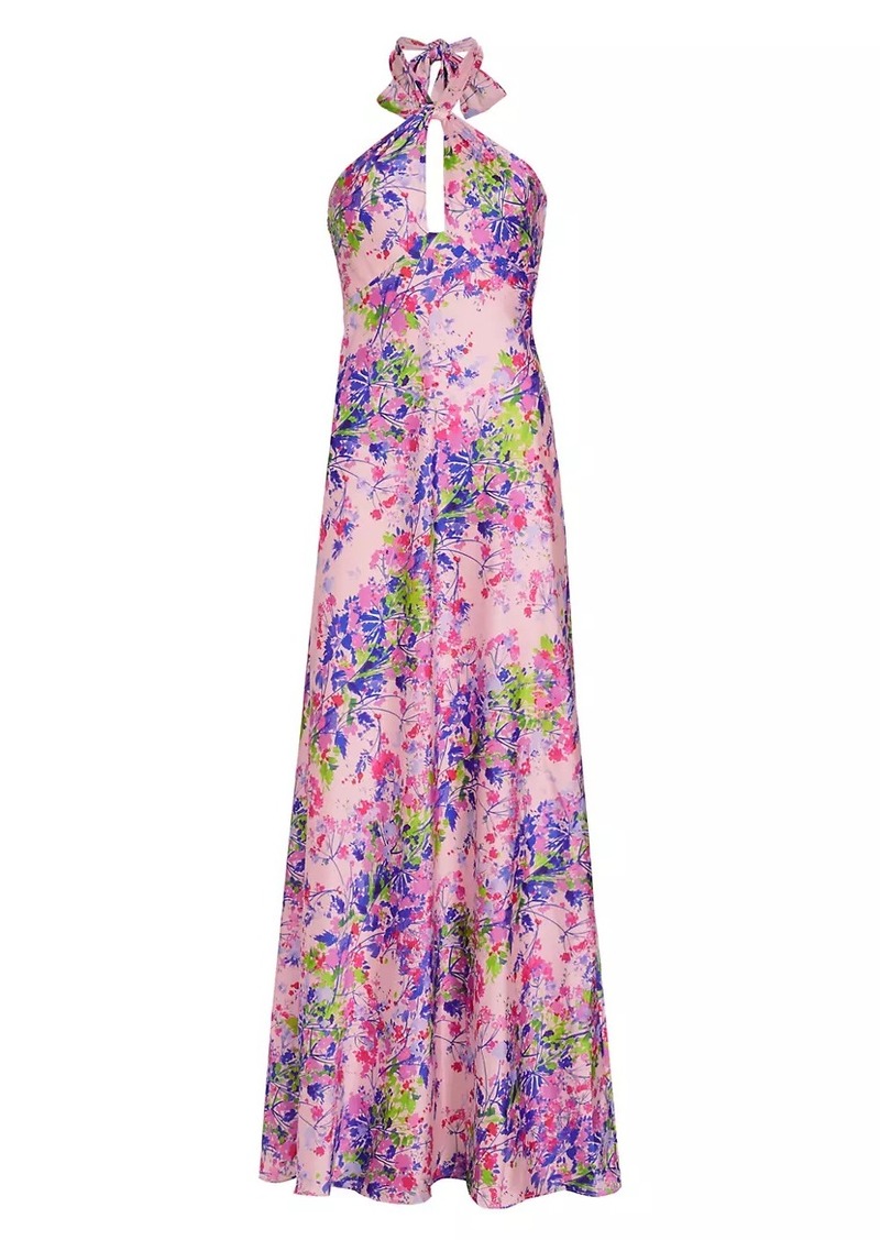 ML Monique Lhuillier Rose Satin Halter Maxi Dress