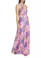 ML Monique Lhuillier Rose Satin Halter Maxi Dress