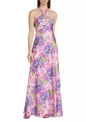 ML Monique Lhuillier Rose Satin Halter Maxi Dress