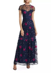 ML Monique Lhuillier Short-Sleeve Floral-Embroidered Dress