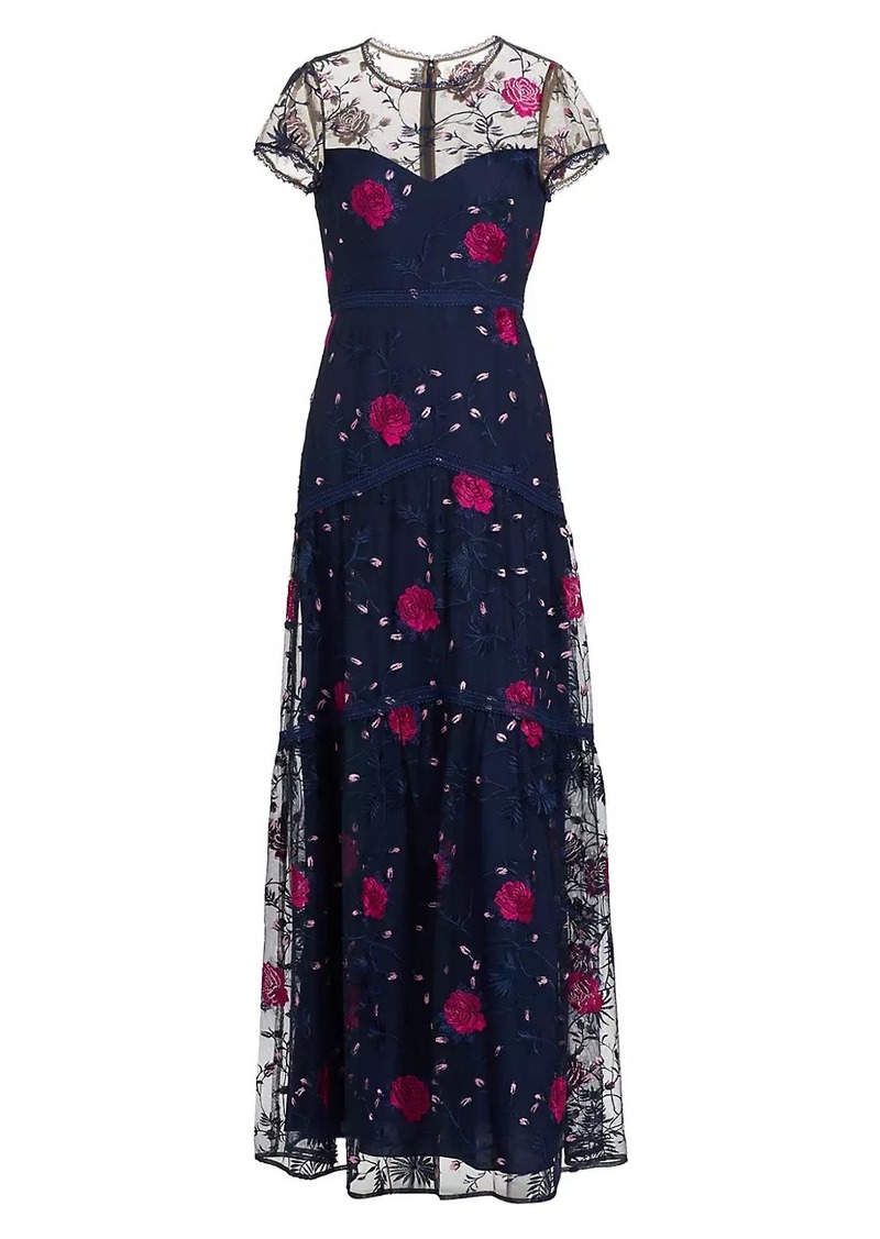 ML Monique Lhuillier Short-Sleeve Floral-Embroidered Dress