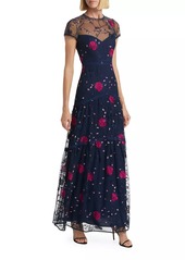 ML Monique Lhuillier Short-Sleeve Floral-Embroidered Dress