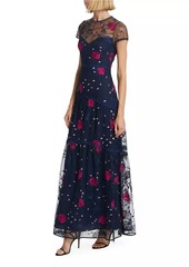 ML Monique Lhuillier Short-Sleeve Floral-Embroidered Dress