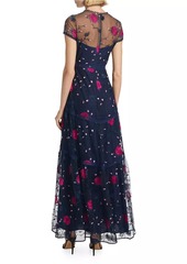 ML Monique Lhuillier Short-Sleeve Floral-Embroidered Dress