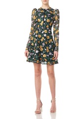 ML Monique Lhuillier Floral Embroidered Mesh Long Sleeve Minidress