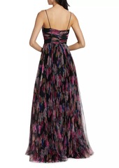 ML Monique Lhuillier Yvonne Floral Pleated Tulle Gown