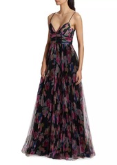 ML Monique Lhuillier Yvonne Floral Pleated Tulle Gown