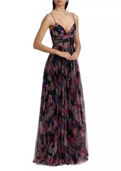 ML Monique Lhuillier Yvonne Floral Pleated Tulle Gown