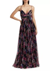 ML Monique Lhuillier Yvonne Floral Pleated Tulle Gown