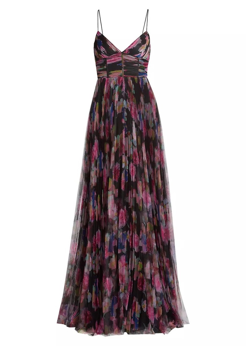 ML Monique Lhuillier Yvonne Floral Pleated Tulle Gown